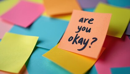 Sticky note asks Are you okay on colorful background. Concept represents workplace mental health support communication empathy. Team care, employee assistance important for good relations.