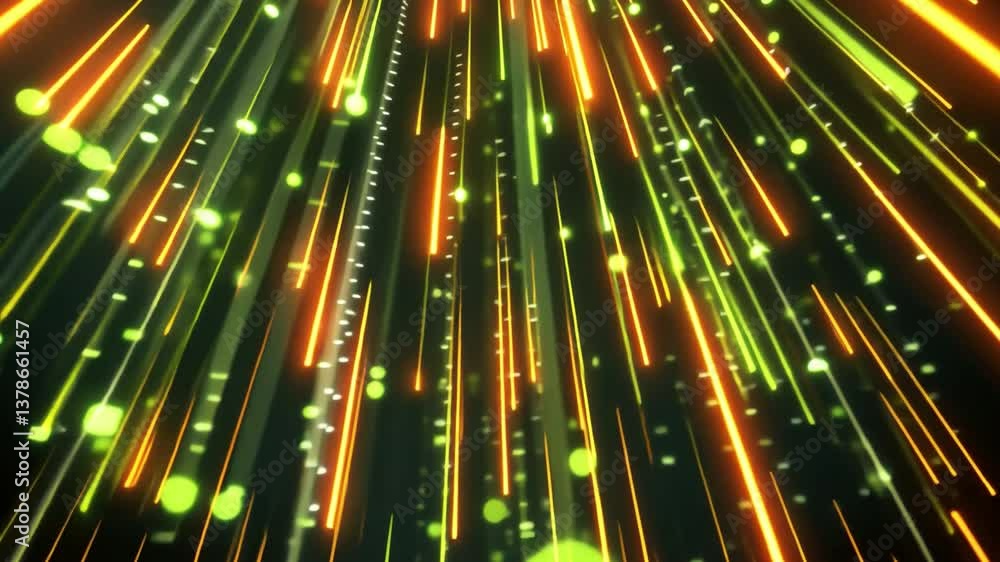 Poster dynamic light streaks vibrant visual effect of green and orange in abstract digital explosion, evoki