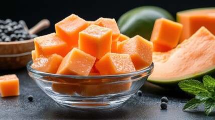 A bowl of orange cubes and a slice of cantaloupe