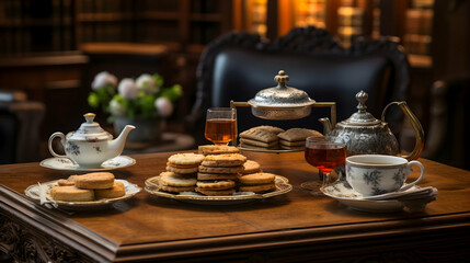 Fototapeta premium An elegant afternoon tea party featuring delicate pastries and fine china, set against a warm, inviting library backdrop.
