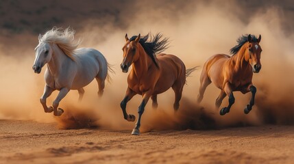 Majestic horses gallop through desert dust, embodying freedom and untamed spirit in golden light.