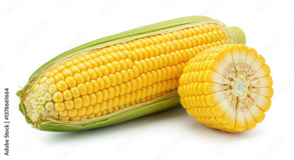 Aufkleber a close up view of fresh corn on the cob with green husks and a slice on a white background