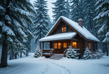 A quaint wooden cottage covered in fresh snow, surrounded by tall pine trees. The warm lights inside create a cozy contrast against the cool winter landscape.