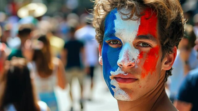 A fair-skinned young man with curly hair has the French flag painted on his face while surrounded by a blurry crowd. Concept of: Patriotic dedication.