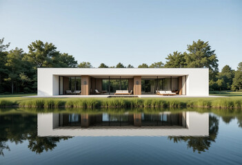 A minimalist Scandinavian-style house with large glass windows, wooden paneling, and a clean white facade.