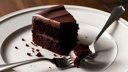 Decadent slice of chocolate cake with rich frosting on a white plate