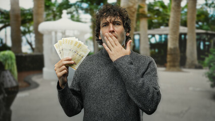 Man holding norwegian krone banknotes outdoors in a city with a contemplative expression surrounded...