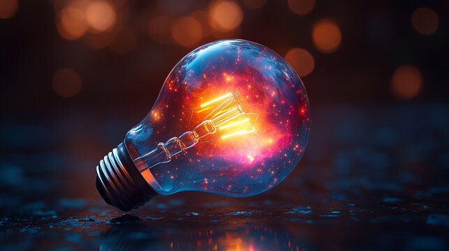 A surreal floating lightbulb filled with a swirling cosmos and nebulae, emanating rainbow light waves and creative energy, symbolizing innovation, imagination, and limitless potential