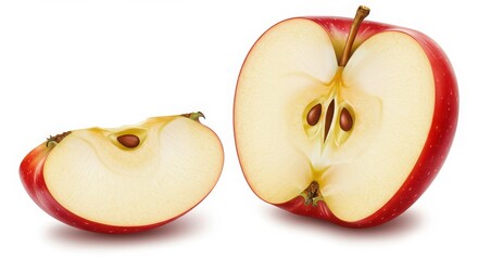 A close up view of a sliced red apple and a wedge on a white surface showing the core and seeds
