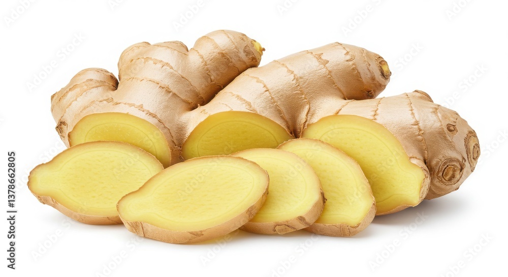 Poster a close up of fresh ginger root with slices on a white background showing the texture and color well