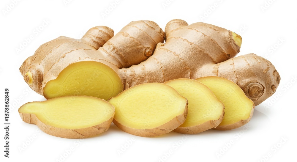 Poster a close up shot of fresh ginger root with slices on a white background in a studio setting