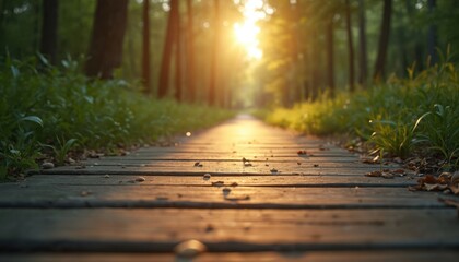 Wooden pathway forest sunlight. Leading way, path goes through green trees, grass. Journey, healing, inner peace, harmony, self-discovery. Nature, hope, well-being, mental health, mindfulness, peace,