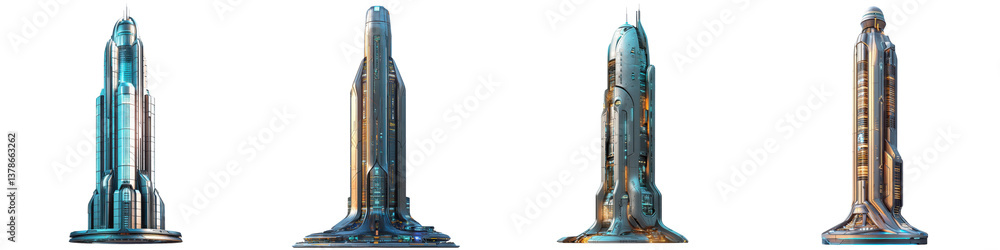 Poster set of architectural four stylized skyscrapers with distinct architectural designs. isolate on trans