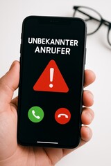 A smartphone displays a warning symbol during a call from an unknown caller, showing a red exclamation mark.