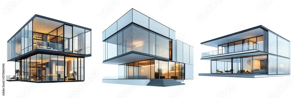 Poster set of architectural modern glass architecture with unique geometric designs. isolate on transparent