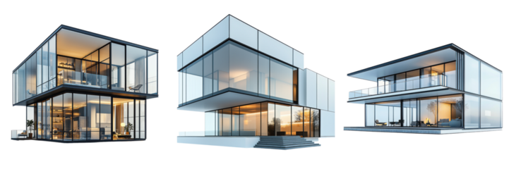 set of architectural Modern glass architecture with unique geometric designs. isolate on transparent background