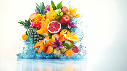 Colorful Assortment of Fresh Fruits with Water Splash Studio Shot Featuring Pineapple Orange Apple and Grapefruit with a White Background