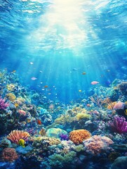 Naklejka premium Exploring Underwater Coral Reef with Fish and Sun Rays Shining Through