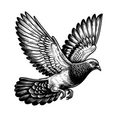 Pigeon flying while spread wings engraving black and white outline. Scratch board imitation.