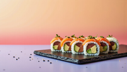 Modern food photo advertisement: A row of vibrant salmon sushi rolls with avocado and tuna sits elegantly on a dark slate board against a soft, gradient pink and orange background.
