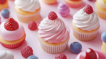 Colorful Cupcakes with White and Pink Frosting and Berries on a Pink Background in Bright Studio Lighting Artificial Generated