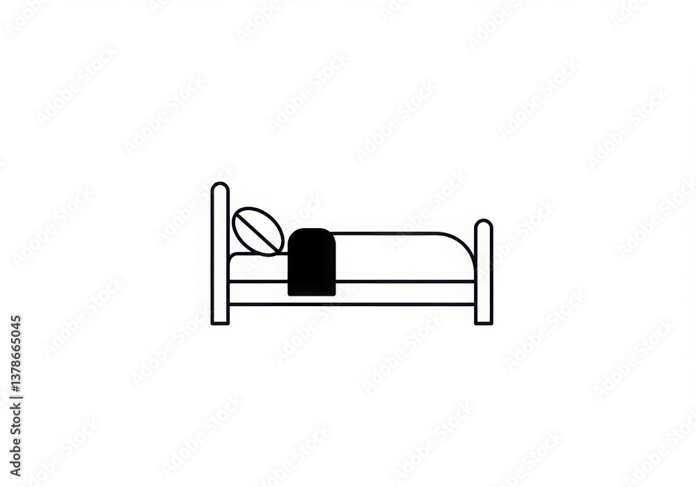 Poster a simple line drawing of a bed with a pillow and blanket against a white background space for text