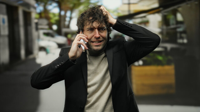 Frustrated man talking on phone outdoors in city wearing black jacket and beige sweater, hair disheveled, standing near street with blurred background, expressing stress and urgency