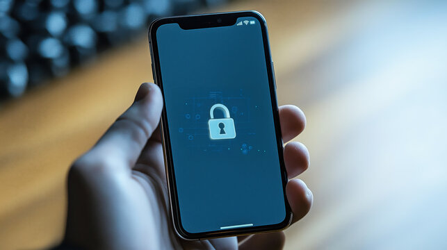 Caucasian man's hand holding smartphone with icon of digital security lock
