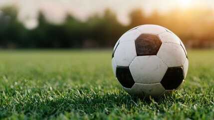 Obraz premium A soccer ball is sitting on a green field