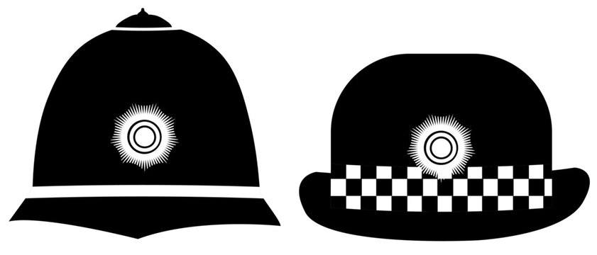 UK Policeman's helmet and policewoman's hat isolated on transparent background, British law enforcement graphic element