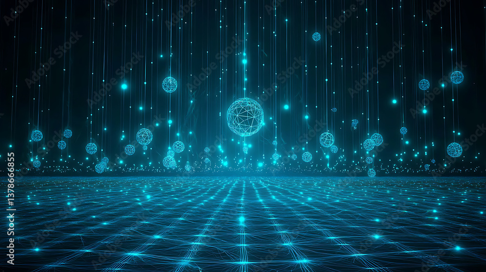 Poster digital light show displaying futuristic orbs virtual space visual art cyber environment aerial view