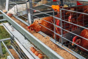 Close up of Isa brown hens on a poultry farm. Egg farm. Laying hens. © Olga Seyfutdinova 
