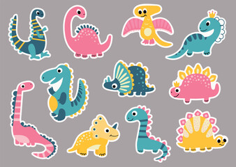 A set of stickers with cute dinosaurs. Drawing style