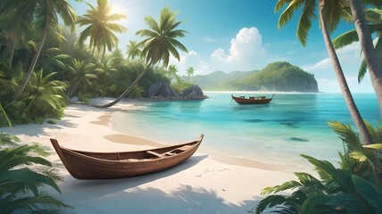 Calm tropical beach with a wooden boat in calm waters 