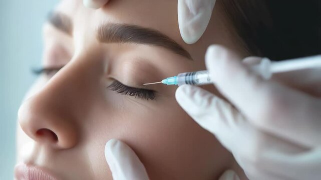 Professional medical specialist performing botox injection near patient's eye area during aesthetic rejuvenation treatment in clinical dermatology setting