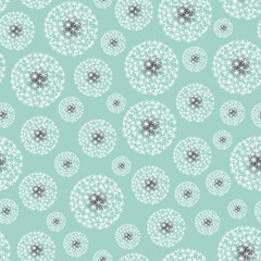 Delicate dandelion seeds blowing in the wind. A seamless dandelion pattern on a soft green background, creating a dreamy and elegant floral design perfect for fabric, wallpaper, and stationery