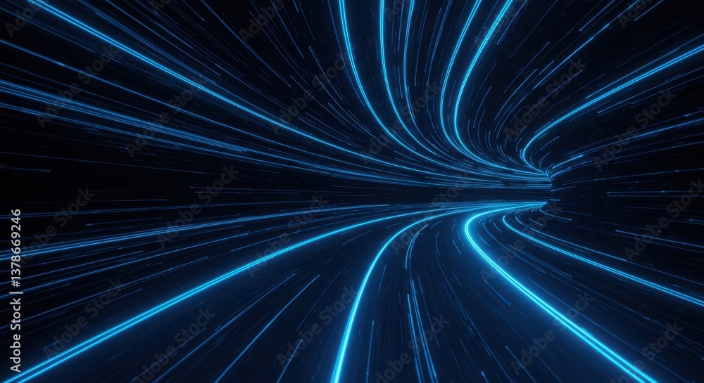 Poster abstract rendering of a neon blue light tunnel with a dark background and curved lines