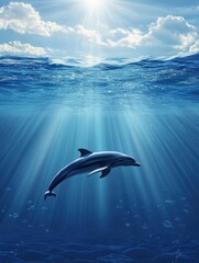 Fototapeta premium Dolphin Swimming Underwater in Deep Blue Ocean with Sun Rays