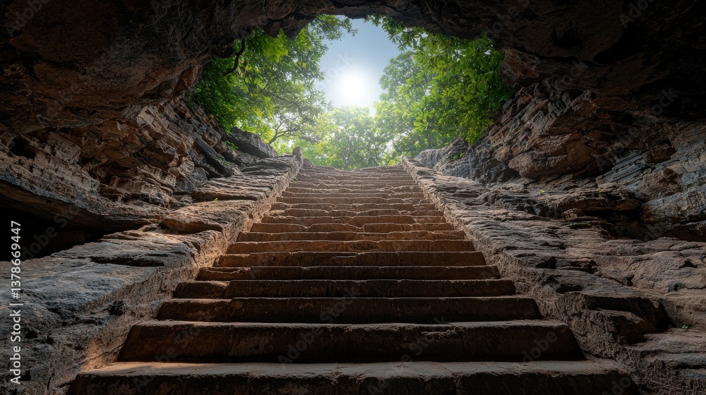 Poster a staircase leading to a cave with a tree in the middle