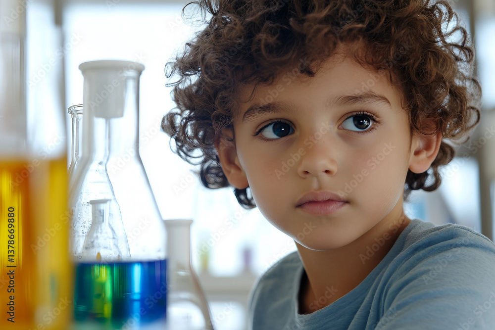 Poster child conducting scientific experiment in laboratory with colorful beakers generative ai