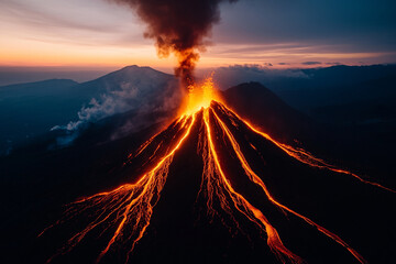 Fototapeta premium breathtaking aerial view of erupting volcano with lava flowing down its slopes, surrounded by smoke and dramatic sunset sky. scene captures raw power of nature