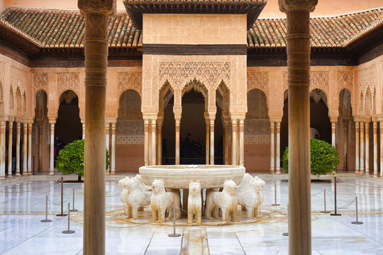 Arabic interior of Nasrid Palace of Alhambra complex in Granada, Andalusia, Spain. Elaborately carved interiors and ornaments. 