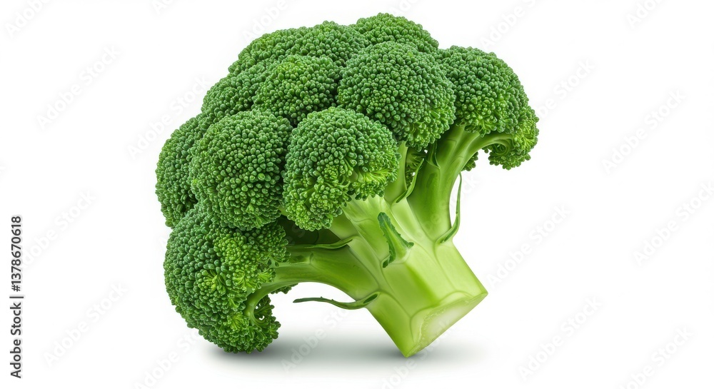Poster a single head of fresh green broccoli isolated on a plain white surface with soft shadows around it