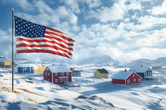 Greenland, the American flag develops against a northern winter landscape, the annexation and exploration of the Arctic