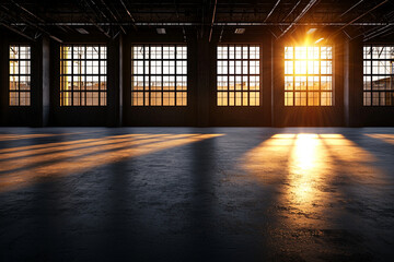 large empty industrial concrete room with high columns and large windows, illuminated by warm sunlight streaming through, creating dramatic shadows on floor