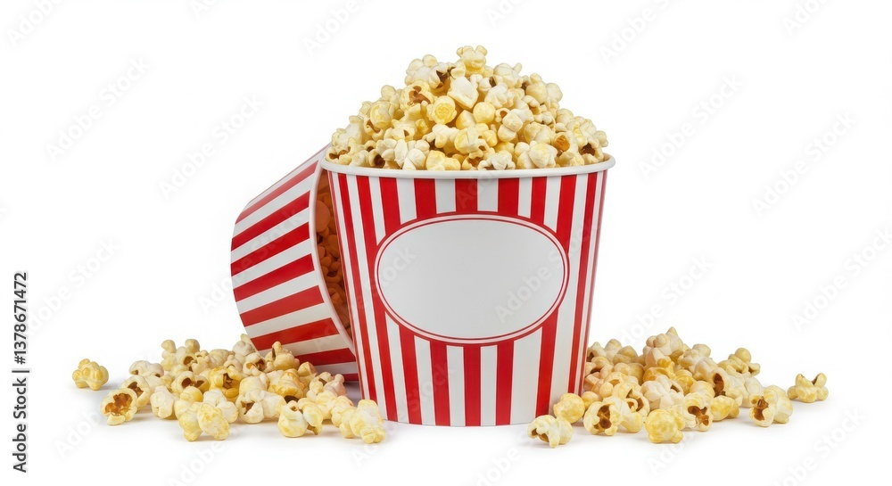 Poster a bucket overflowing with popcorn and some scattered on a white surface with red and white stripes