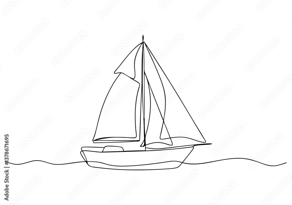 Poster continuous line drawing of a sailboat in a minimalist and artistic single-line sketch style
