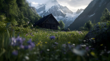 Fototapeta premium A cozy alpine hut with wooden beams, surrounded by a lush meadow full of wildflowers and a distant view of a snowy mountain range.