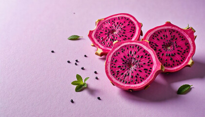 Fototapeta premium Modern food photo advertisement: Sliced dragon fruit pieces with visible black seeds and mint leaves are artfully arranged on a vibrant pink background.