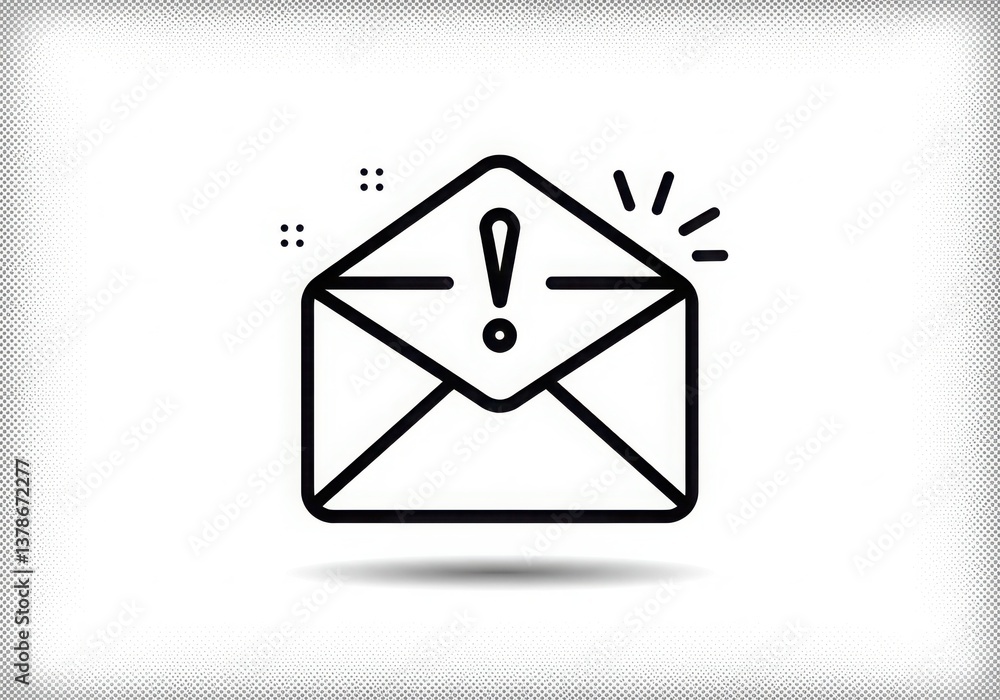 Poster line art illustration of an opened envelope with an exclamation point and dots around it